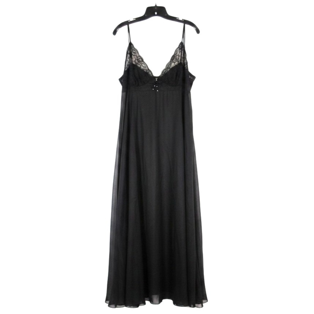 VTG MOVIE STAR Black Night Gown NYLON SOLID MIDDLE Chiffon Sides LACE BUST sz XL